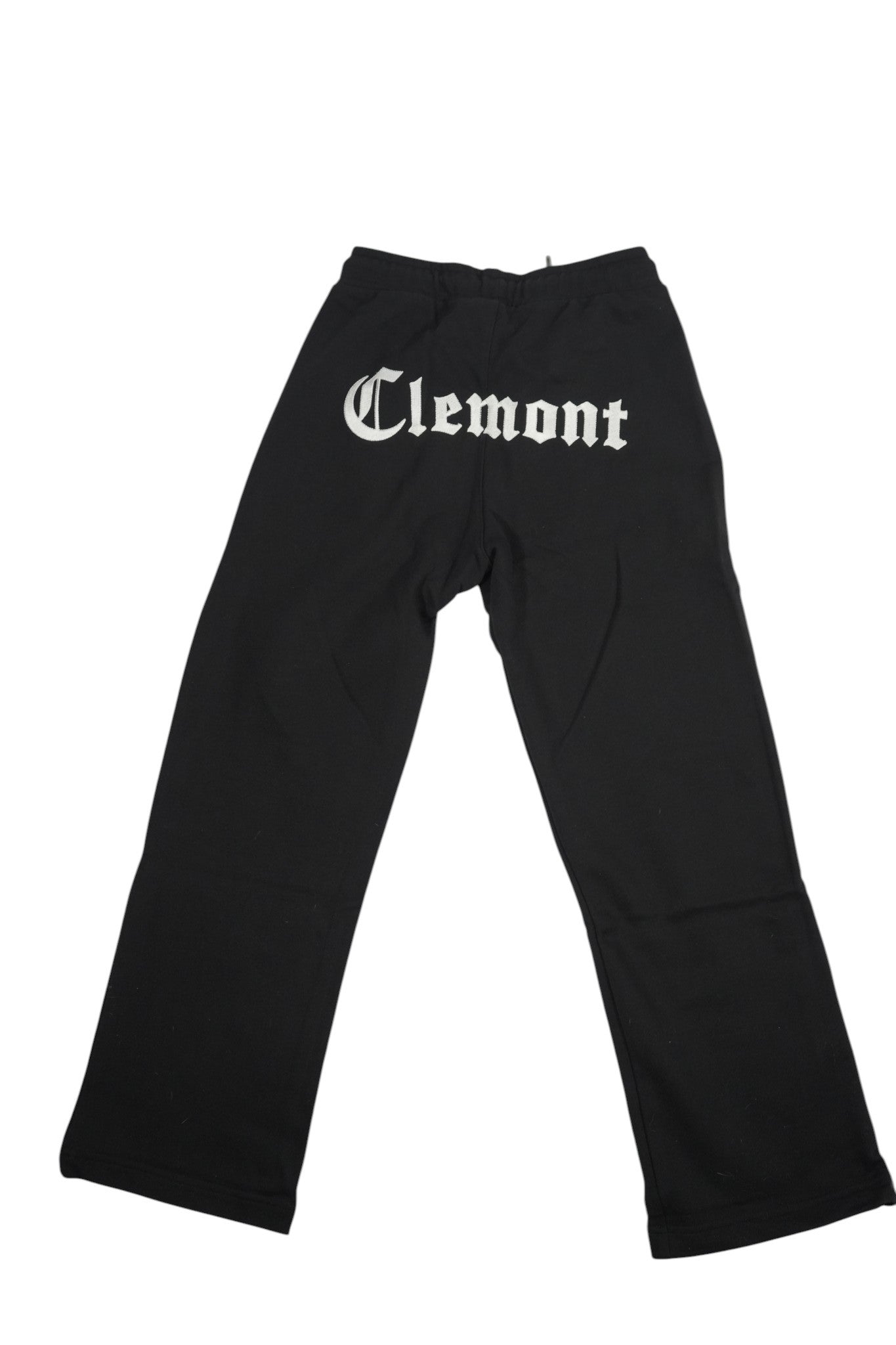 vallmountbotique black sweatpants with white 'Clemont' logo on the back, drawstring waist, relaxed fit.