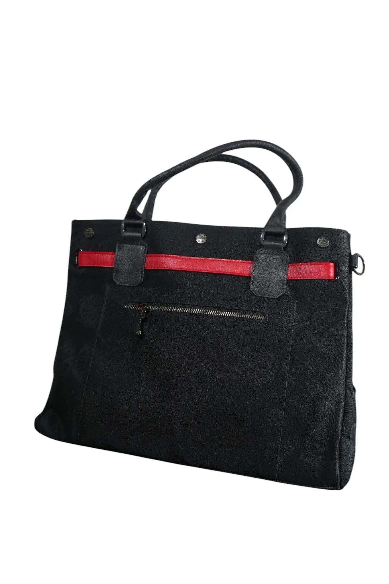 Vallmountbotique Vivienne Westwood black textured tote bag with red trim and leather handles. Embossed pattern and zip pocket.