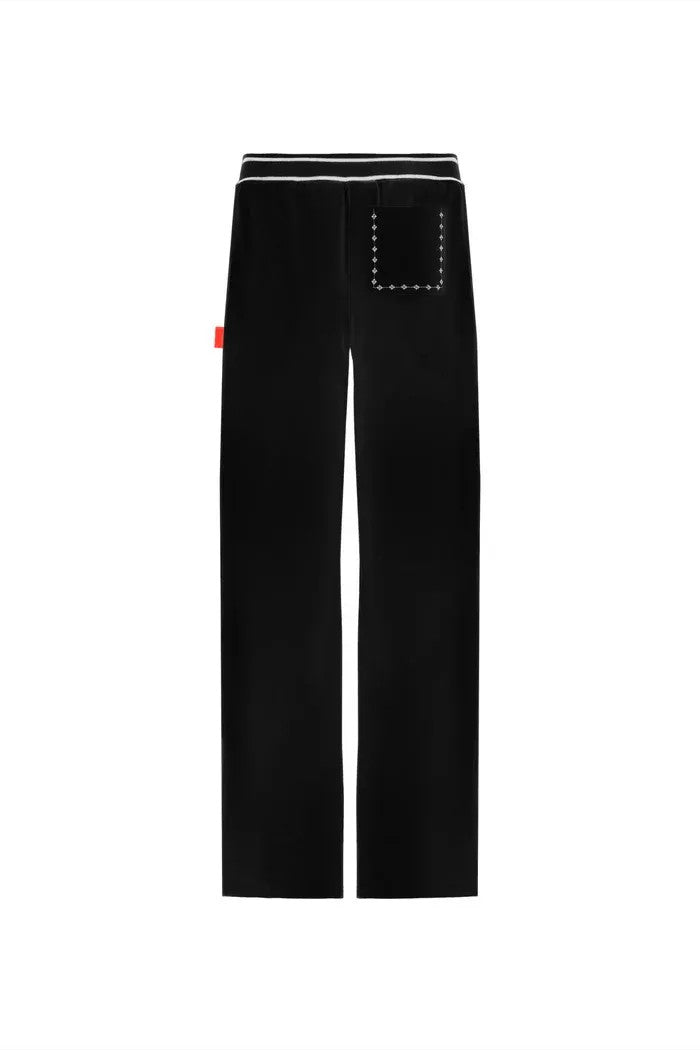 vallmountbotique black wide-leg track pants with white striped elastic waistband and embroidered back pocket.