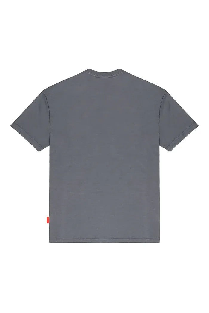 Vallmountbotique men's grey cotton crew neck t-shirt with short sleeves and a subtle embroidered emblem on the chest.
