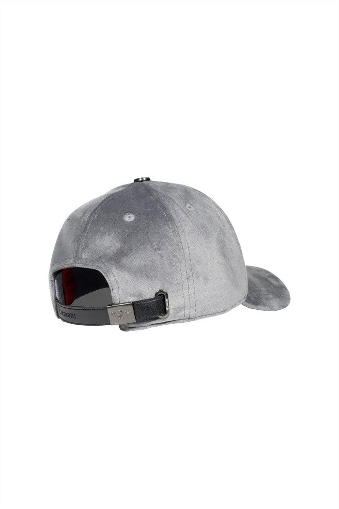 Vallmountbotique grey velvet baseball cap with tonal embroidery and adjustable strap. Curved brim for sun protection.