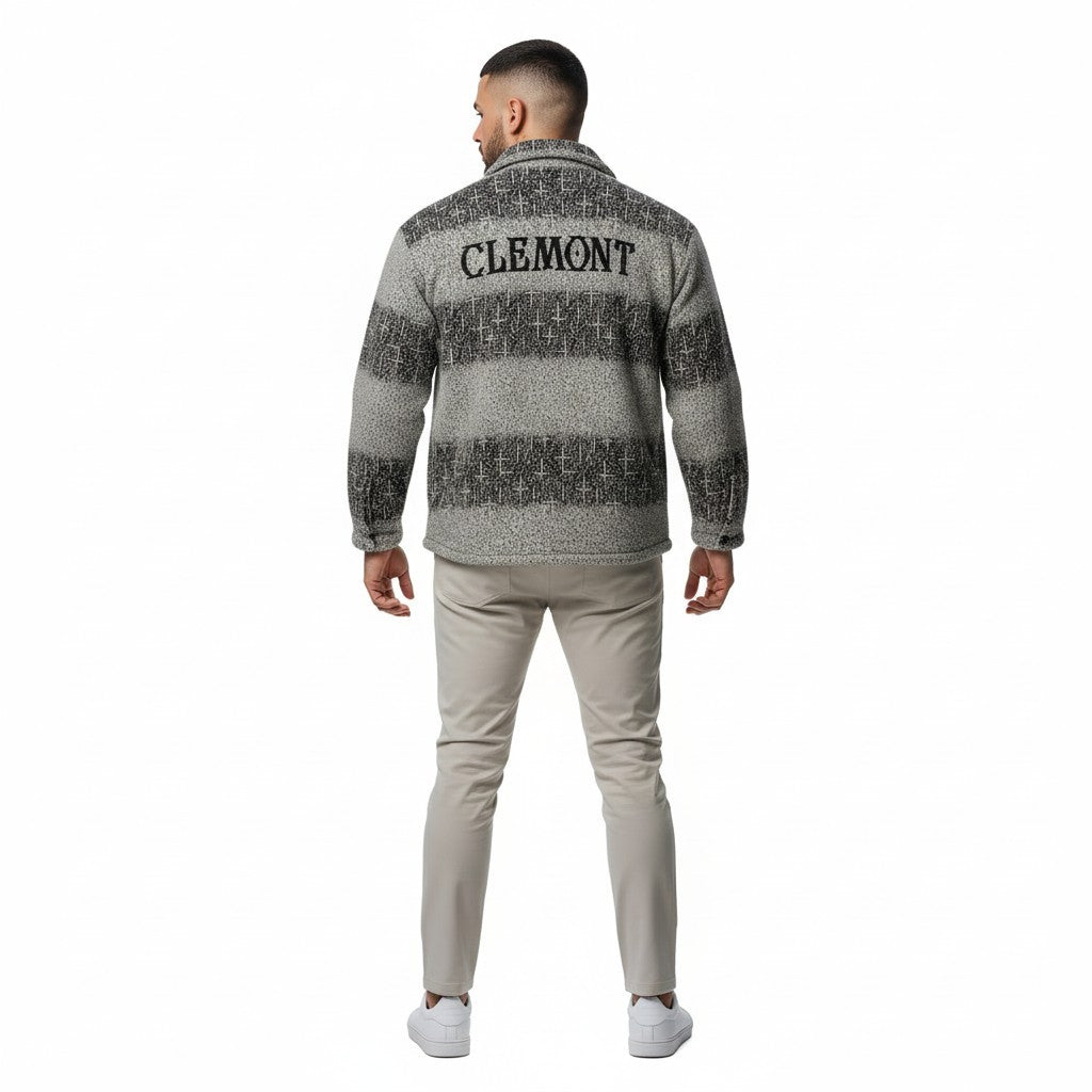 vallmountbotique men's grey and black striped knit jacket with 'CLEMONT' text on back