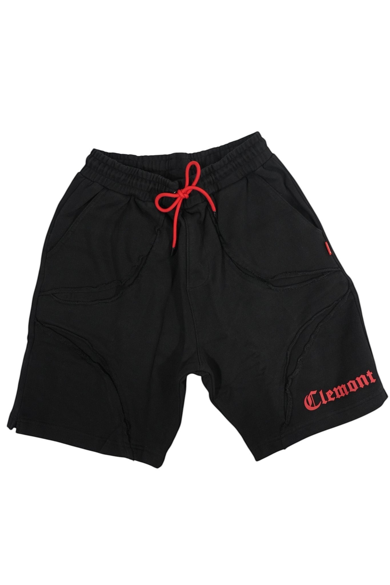 Vallmountbotique black cotton blend athletic sweat shorts with red drawstring and logo detail.