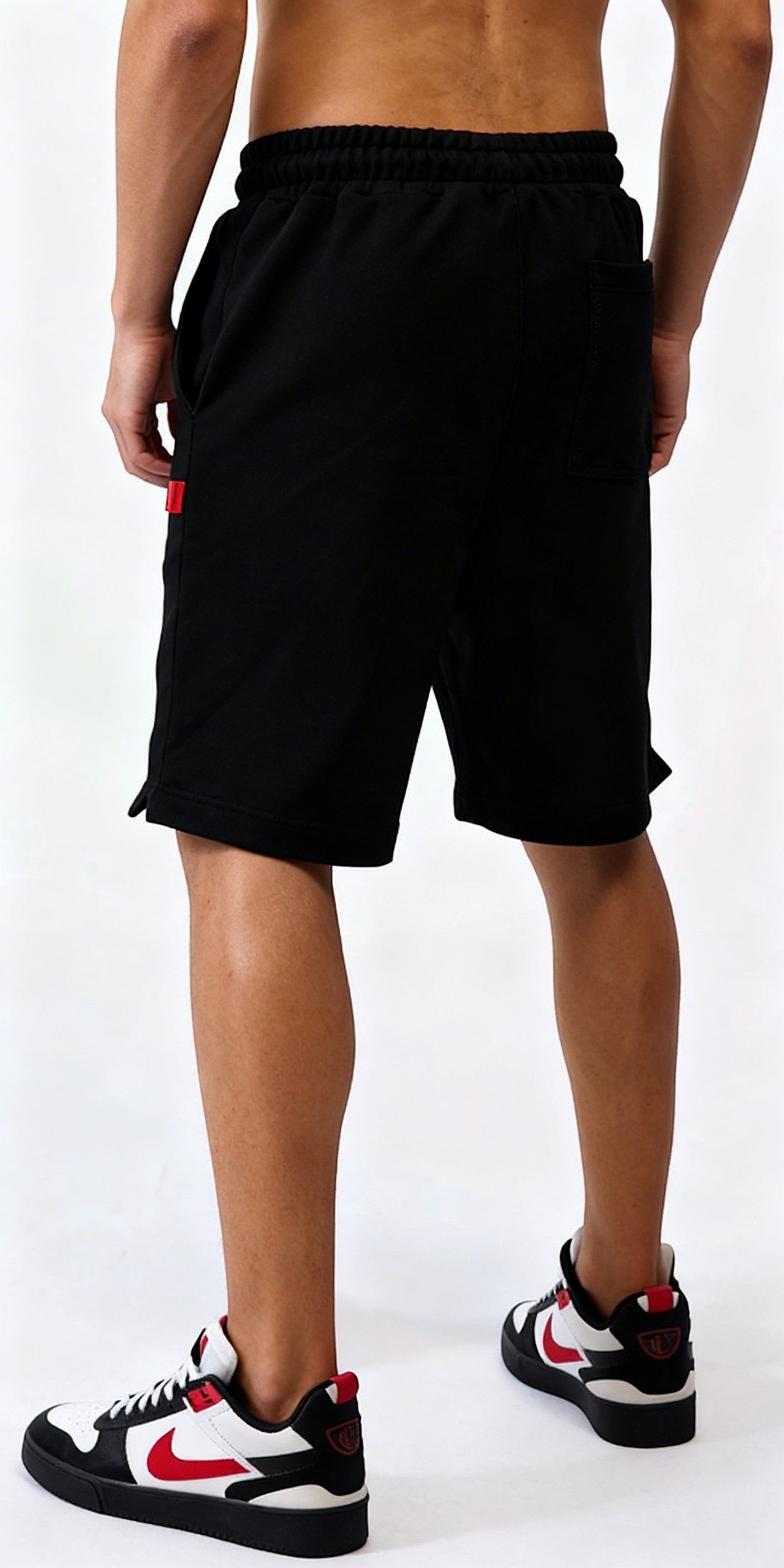 vallmountbotique black cotton blend athletic sweat shorts with drawstring elastic waist and red accent tag.