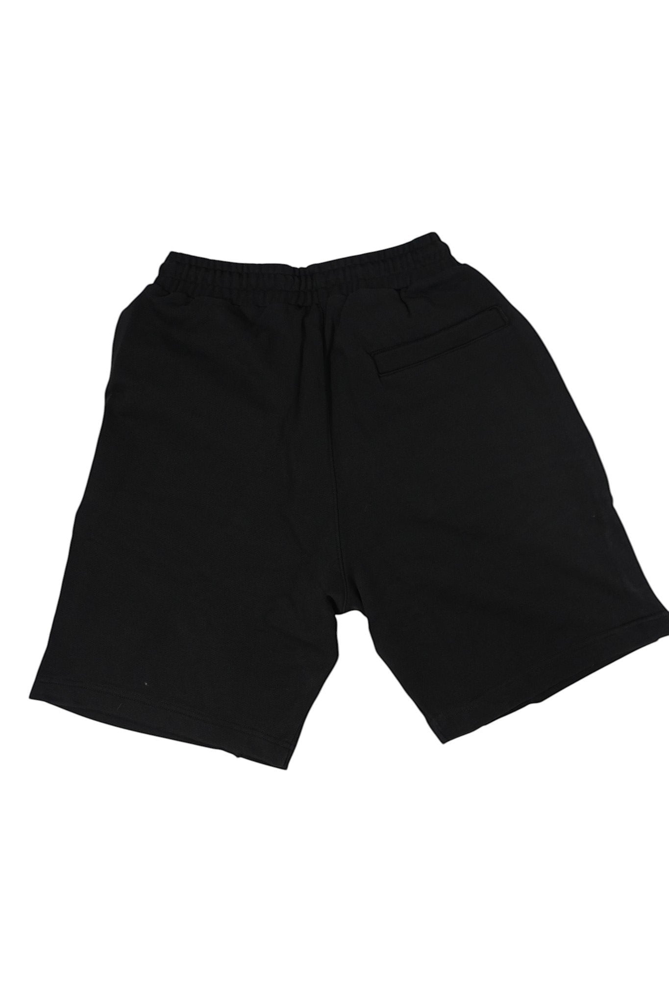 Vallmountbotique black cotton blend athletic sweat shorts with elasticated waistband and red accent tag.