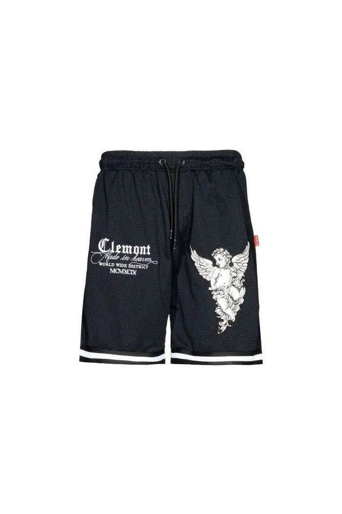 Vallmountbotique black mesh athletic shorts with cherub graphic and white stripe hem. Relaxed fit, drawstring waist.