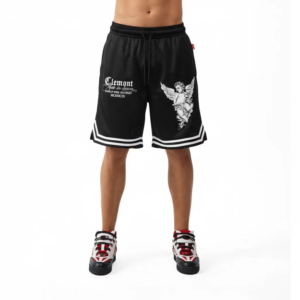 Vallmountbotique black mesh athletic shorts with cherub print and white stripe hem. Relaxed fit, drawstring waist.