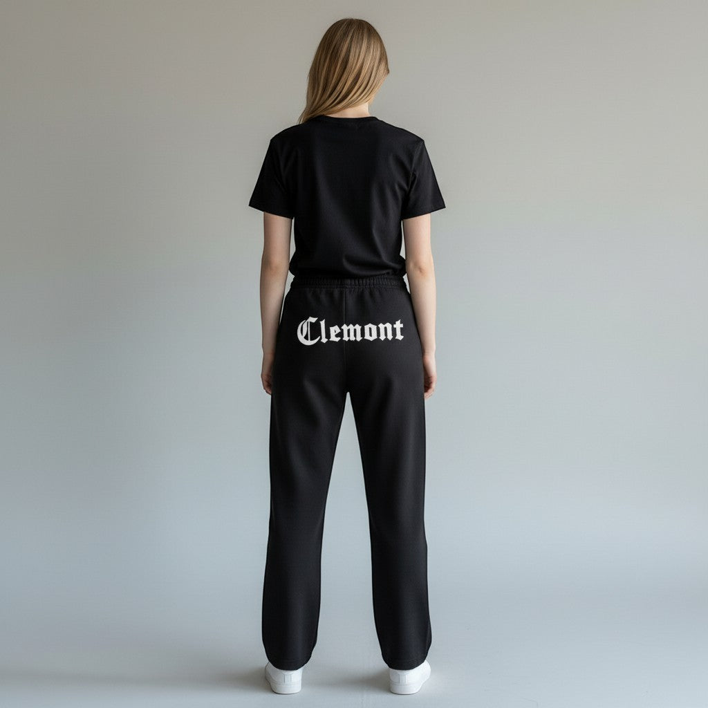 vallmountbotique black sweatpants with white embroidered 'Clemont' logo on the back, relaxed fit, drawstring waist.