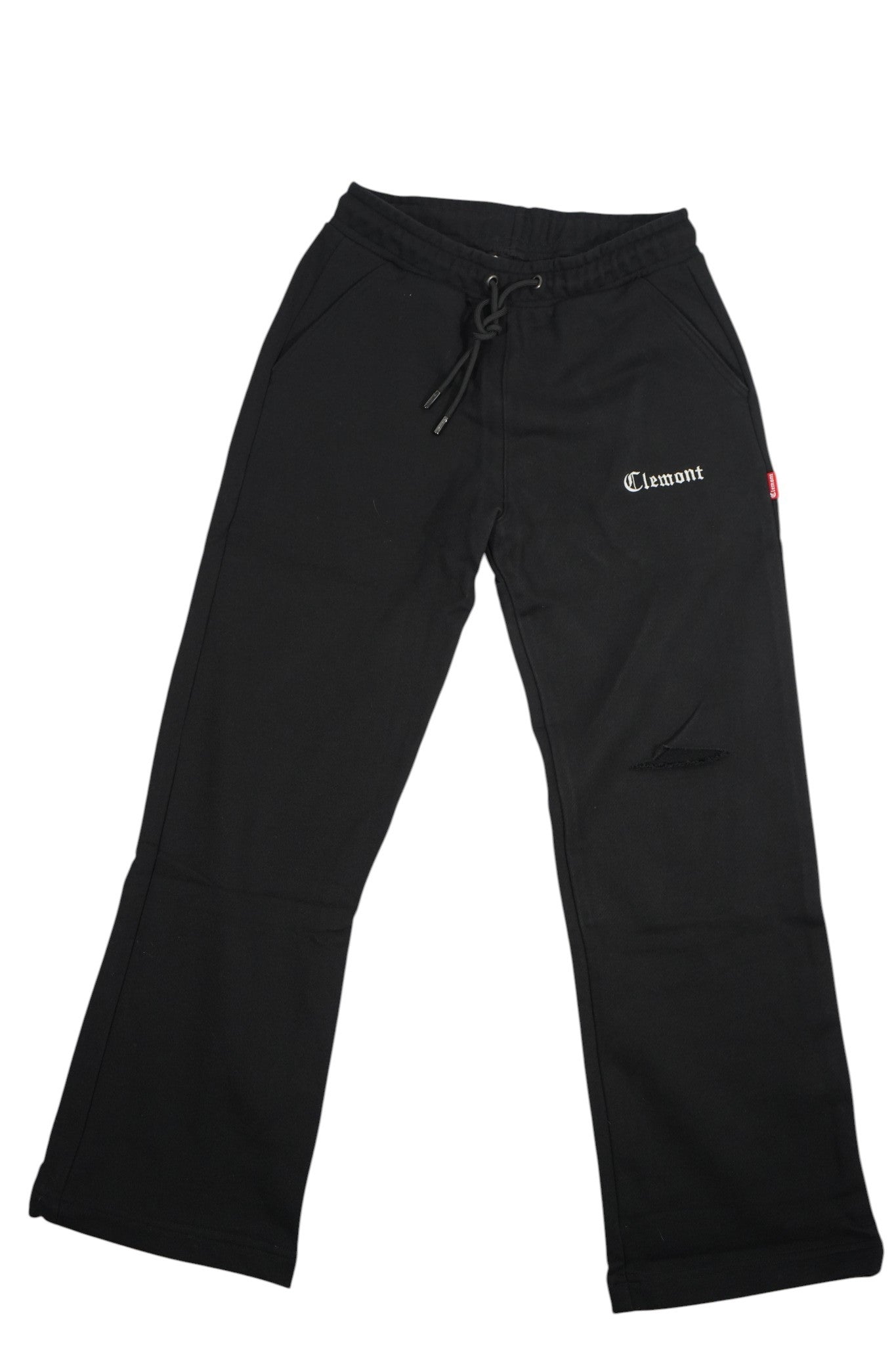 Vallmountbotique black sweatpants with drawstring waist and embroidered Clemont logo on the leg.