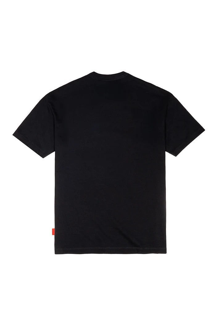 vallmountbotique black cotton t-shirt with embroidered geometric logo on chest, relaxed fit, crew neck.