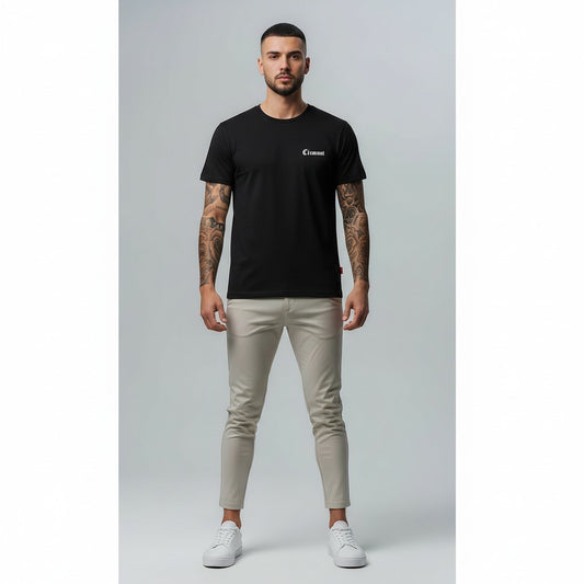 Vallmount Boutique black cotton t-shirt with 'Clemont' logo on chest and 'Crafted to Perfection' graphic on back. Model wears relaxed fit tee.