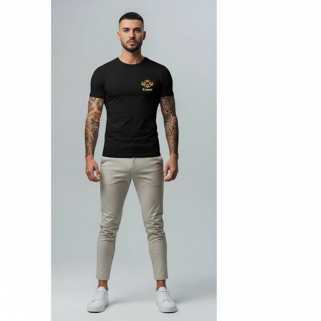 Vallmountbotique black cotton t-shirt with ornate gold crest graphic on chest and back, featuring MCM XCIX text.