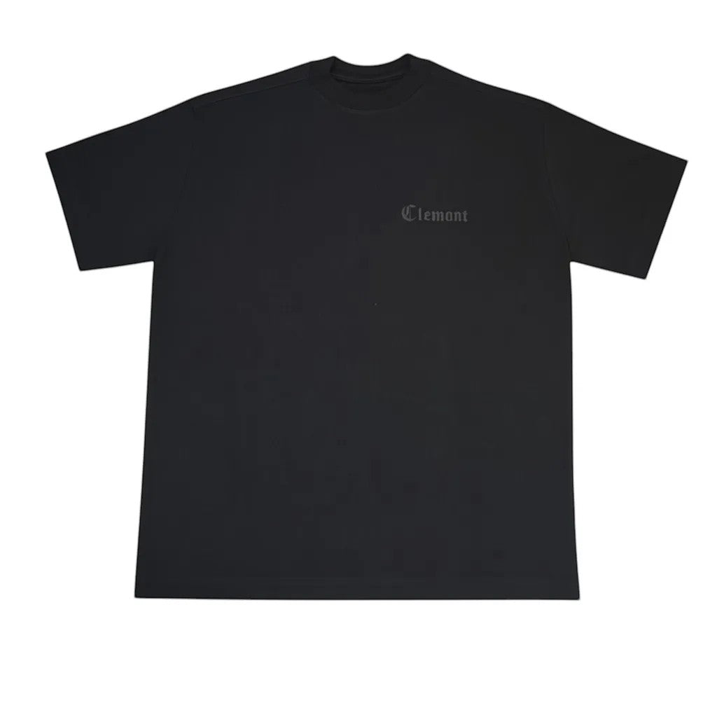 vallmountbotique black cotton t-shirt with subtle embroidered logo on chest.