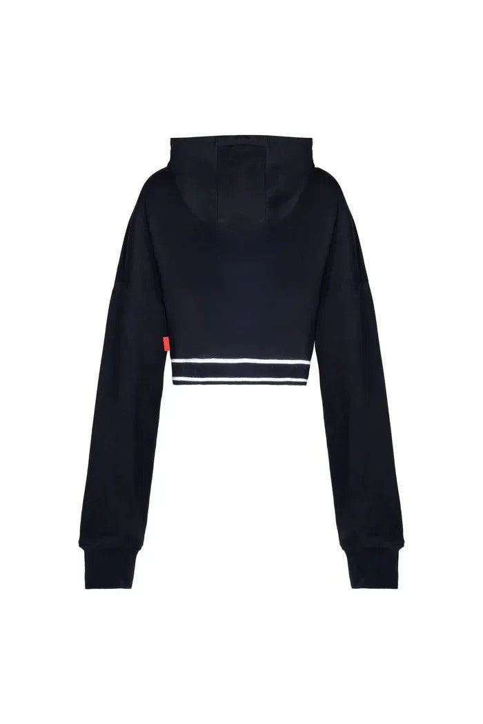 Vallmountbotique black cropped hoodie with white striped elasticated waistband and long sleeves.