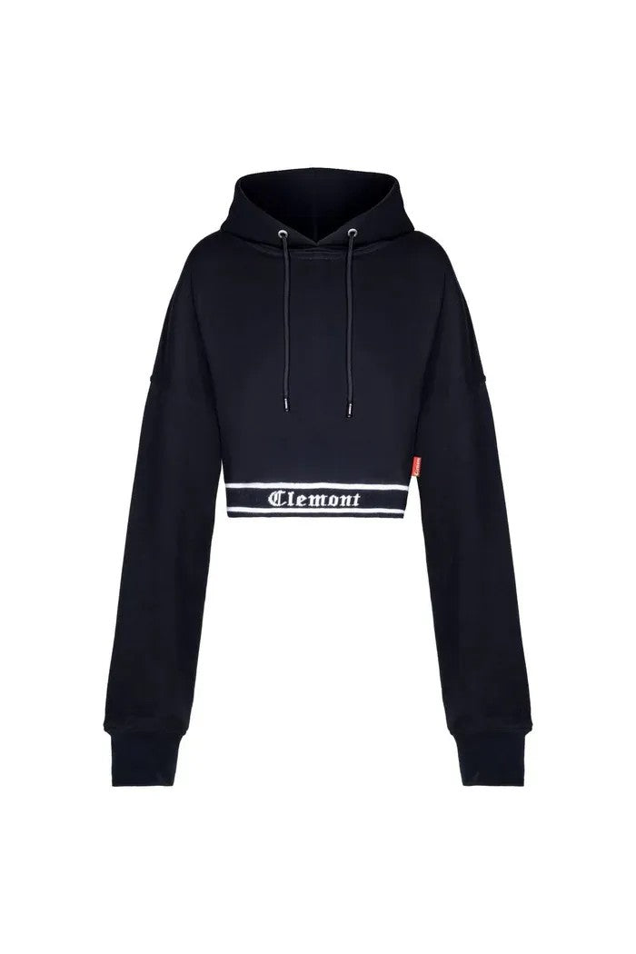 Vallmountbotique black cropped hoodie with white logo band and adjustable drawstrings. Long sleeves and comfortable fabric.