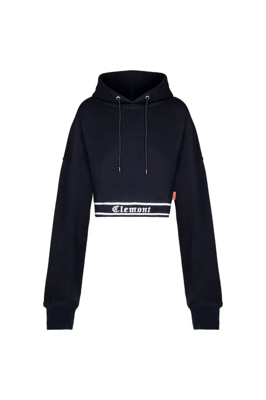 Vallmountbotique black cropped hoodie with white logo band and adjustable drawstrings. Long sleeves and comfortable fabric.