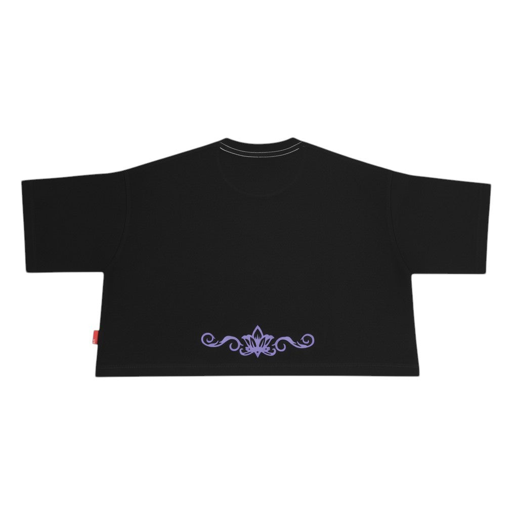 vallmountbotique black cropped t-shirt with purple embroidered floral design on back and 'C' logo on front. Cotton, oversized fit.