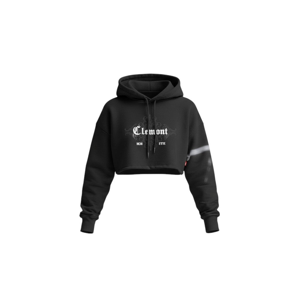 Vallmountbotique black cropped cotton blend hoodie with drawstring hood and tie-dye sleeve detail.