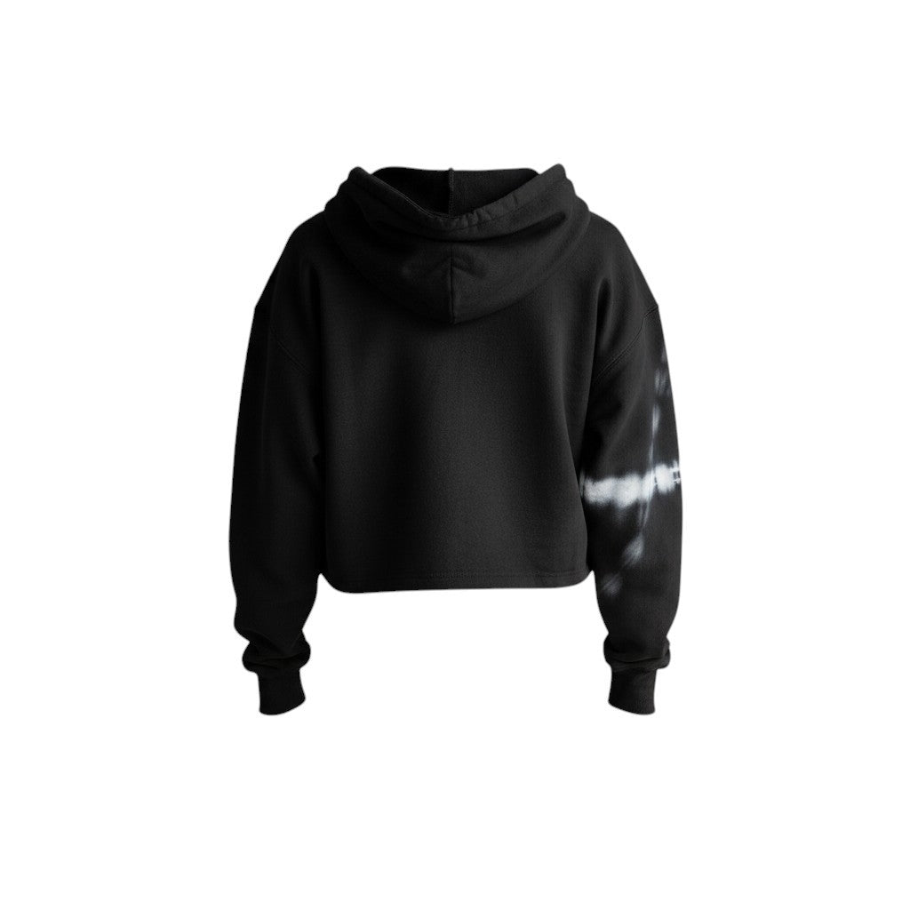 Vallmountbotique black cropped cotton blend hoodie with tie-dye sleeves and drawstring hood.