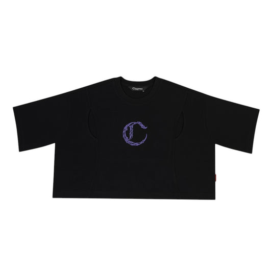 vallmountbotique black cropped t-shirt with purple embroidered 'C' logo and floral design on back. Cotton, oversized fit.