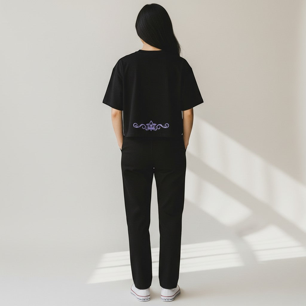 vallmountbotique black cotton cropped t-shirt with purple embroidered floral design on back, relaxed fit
