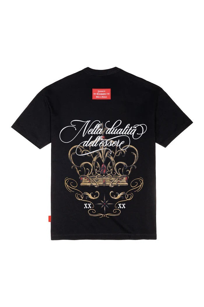 Vallmountbotique black cotton t-shirt with a gold crown graphic, ruby details, and script text "Nella dualità dell'essere".