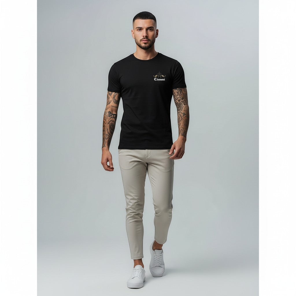 Vallmountbotique black cotton t-shirt with a gold crown graphic and ruby red accents. Features script text.
