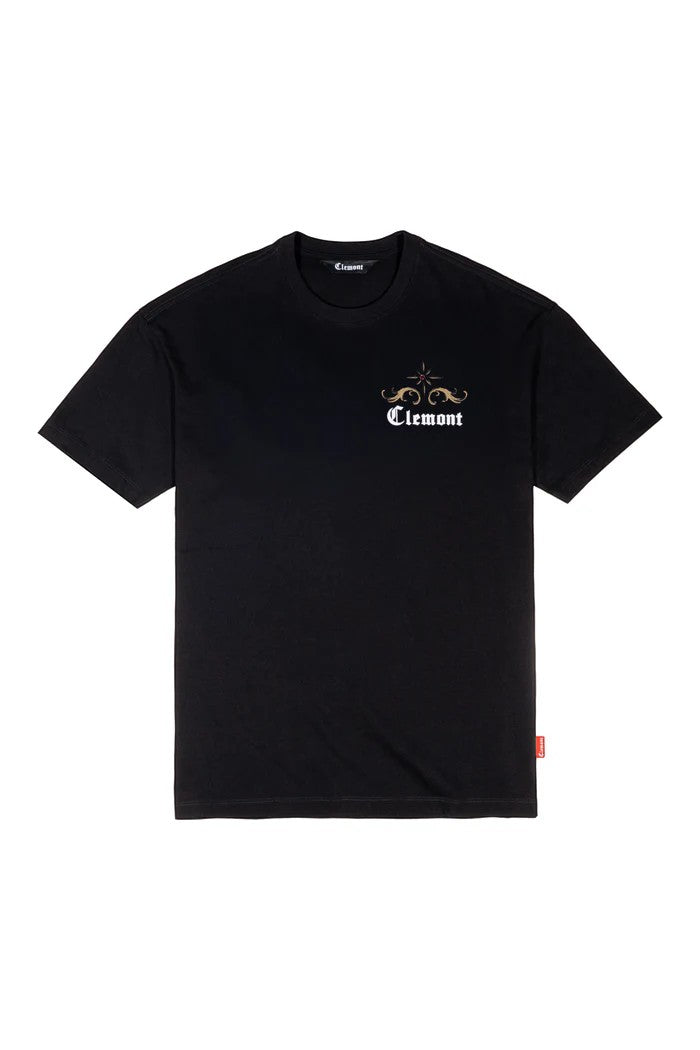 Vallmountbotique black cotton t-shirt with ornate gold crown graphic and ruby red accents. Features script text.