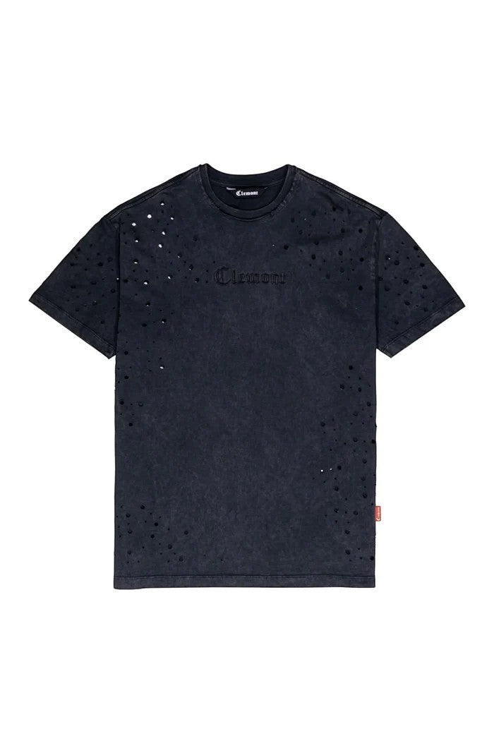Vallmountbotique black cotton distressed graphic t-shirt with ripped details and embossed logo.