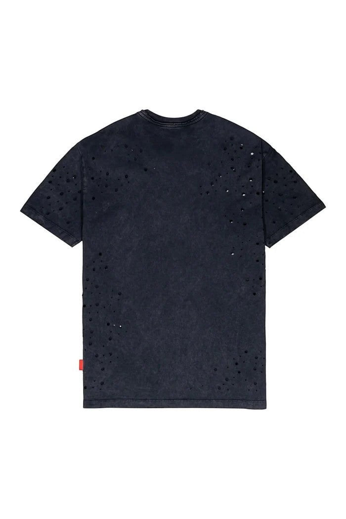 Vallmountbotique black distressed cotton t-shirt with ripped details and washed-out finish.