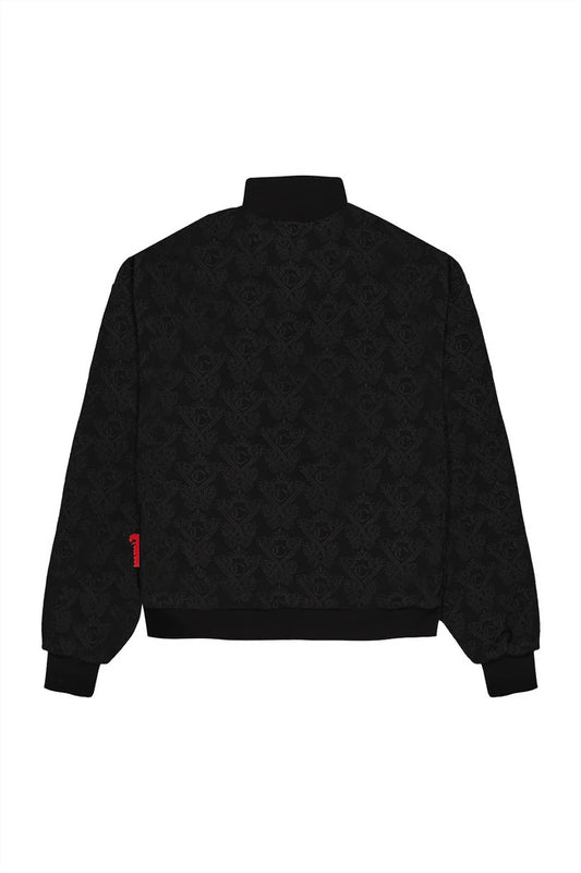 Vallmountbotique black bomber jacket with all-over embossed pattern, stand-up collar, and red accent tag.