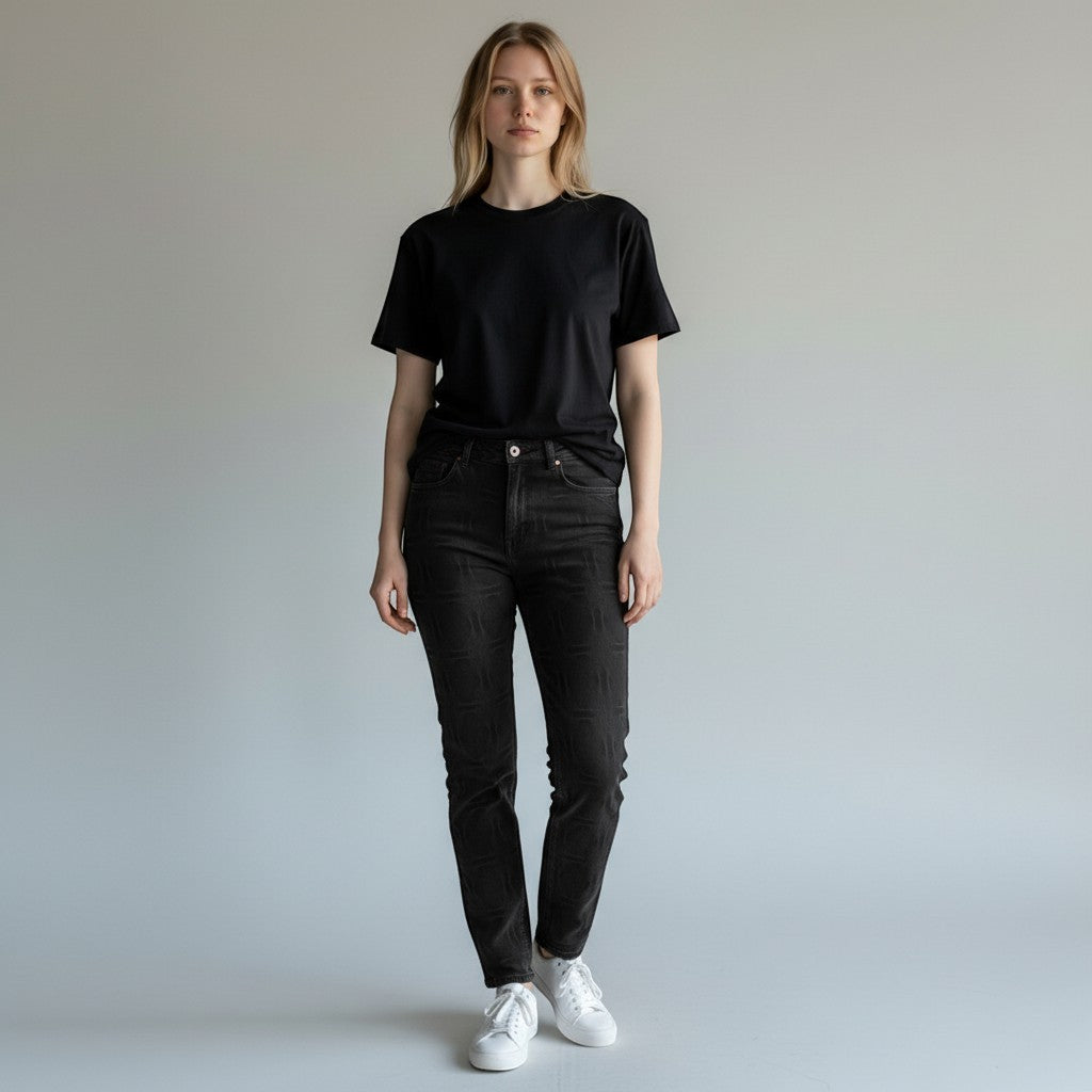 Vallmountbotique black denim straight leg jeans with embossed pattern and red back pocket graphic, worn by a model.