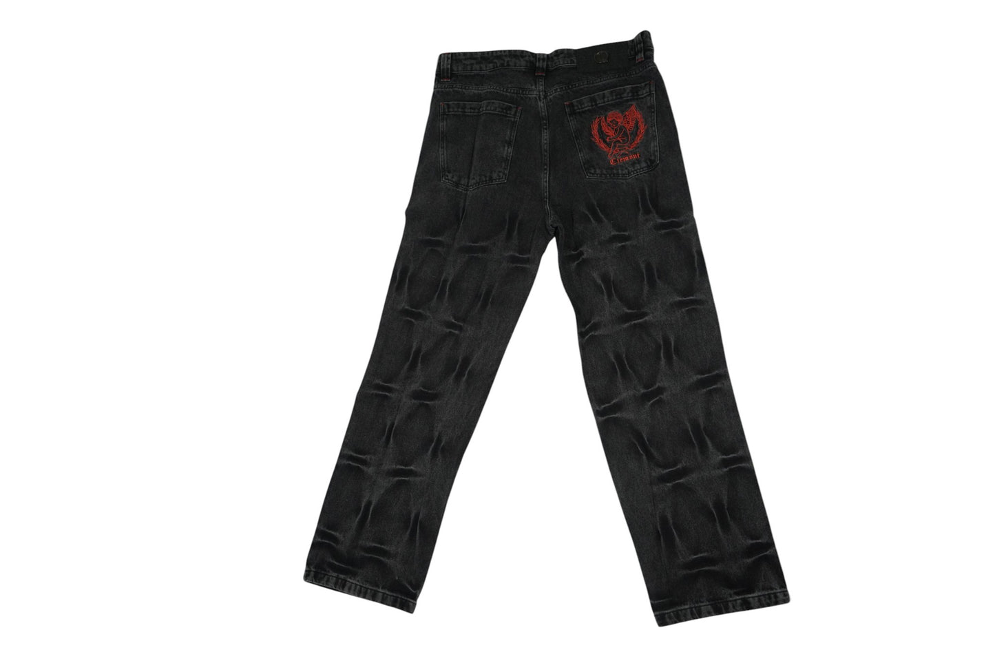 vallmountbotique black denim straight leg jeans with embossed pattern and red graphic on back pocket