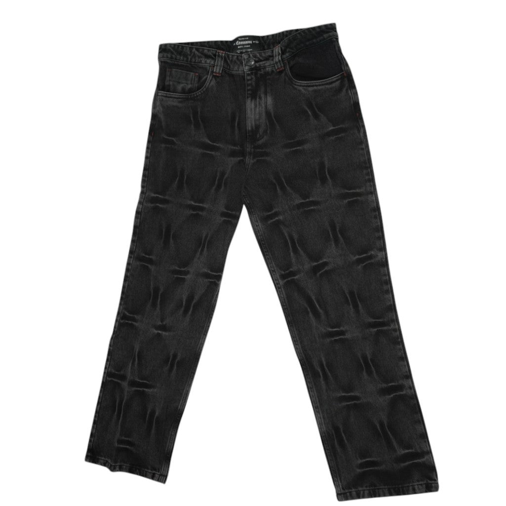 Vallmountbotique black denim straight leg jeans with embossed pattern and red back pocket graphic.