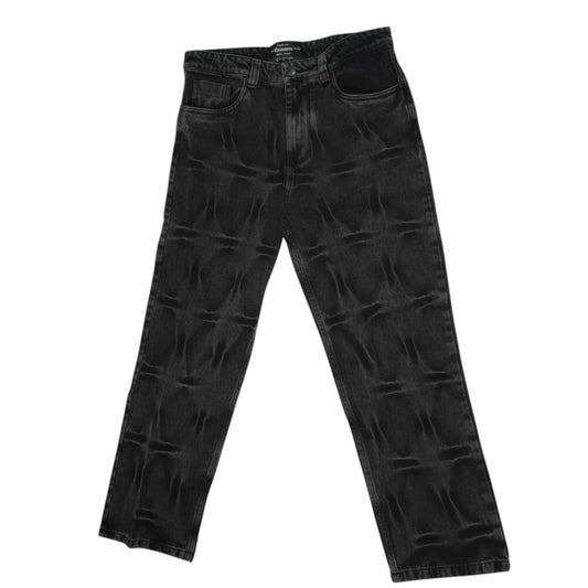 Vallmountbotique black denim straight leg jeans with embossed pattern and red back pocket graphic.