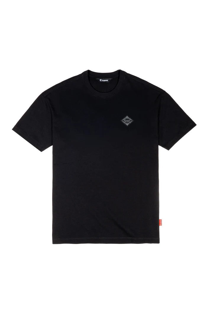 Vallmountbotique black cotton t-shirt with embroidered geometric logo on chest. Classic fit, crew neck, short sleeves.