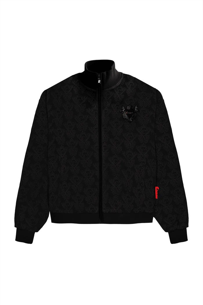 Vallmountbotique black textured bomber jacket with all-over embossed pattern, stand-up collar, and red accent tag.