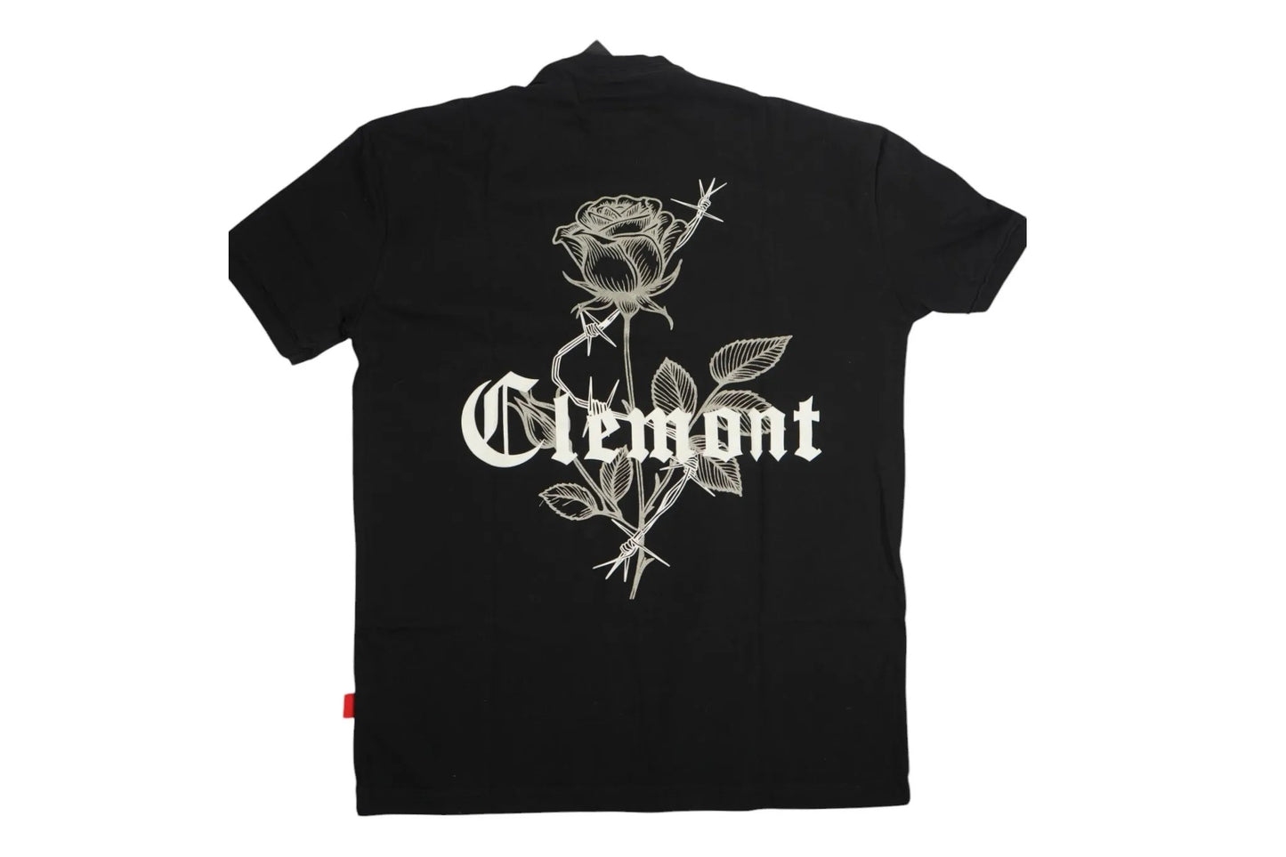 vallmountbotique black cotton t-shirt with graphic rose and barbed wire design on back and subtle branding on chest.
