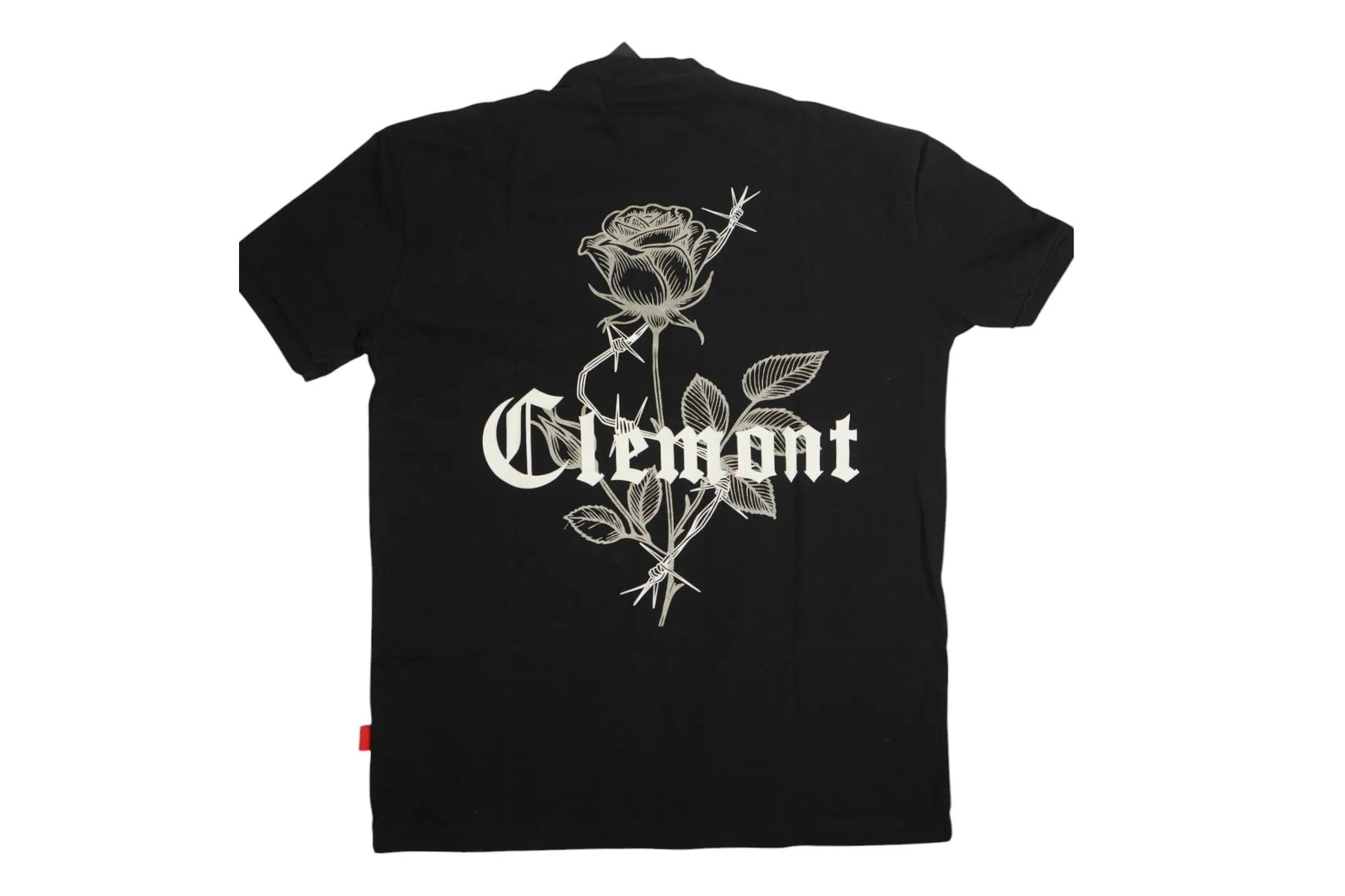 vallmountbotique black cotton t-shirt with graphic rose and barbed wire design on back and subtle branding on chest.