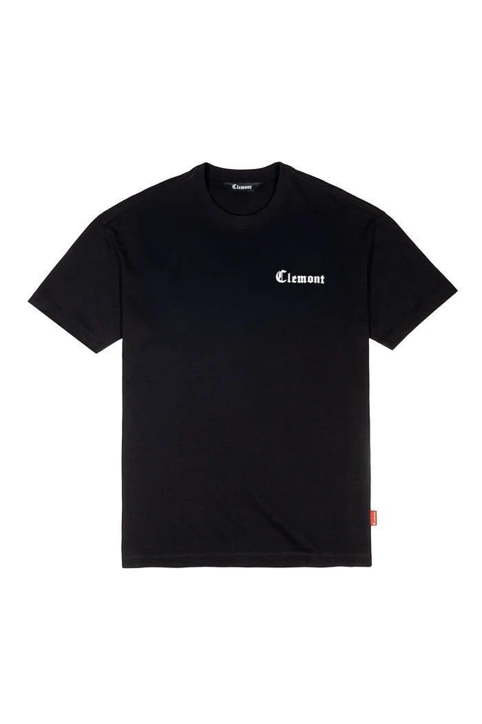 Vallmountbotique black cotton t-shirt with embroidered logo on chest and graphic print on back.