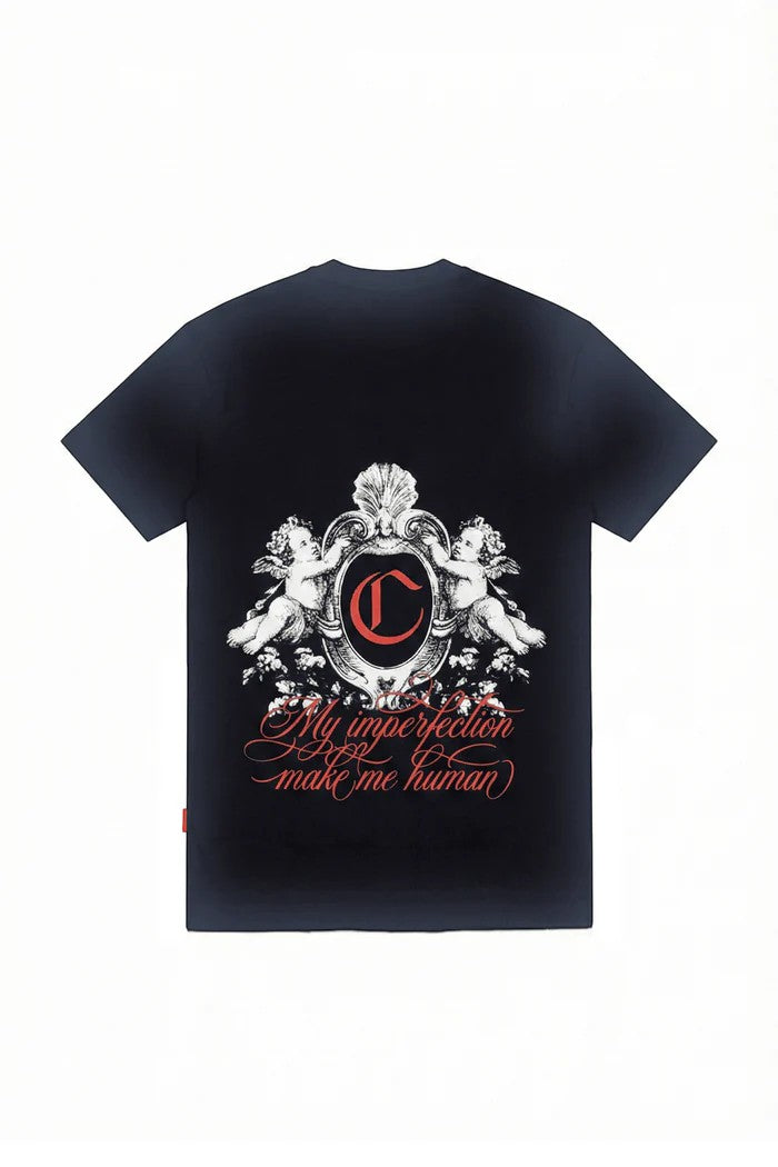Vallmountbotique black cotton t-shirt with cherub and crest graphic print and text 'My imperfection make me human'.