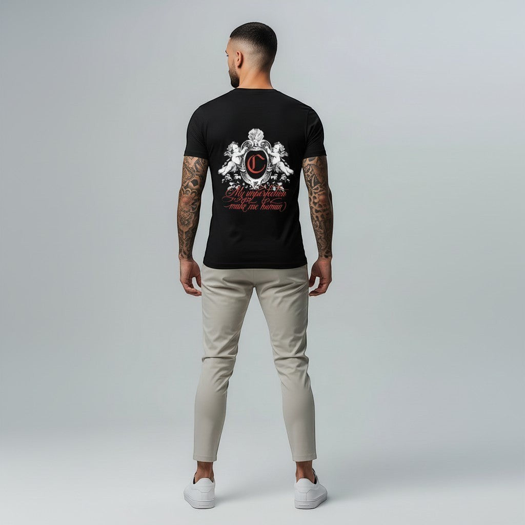 vallmountbotique black cotton t-shirt with embroidered logo and graphic print on back
