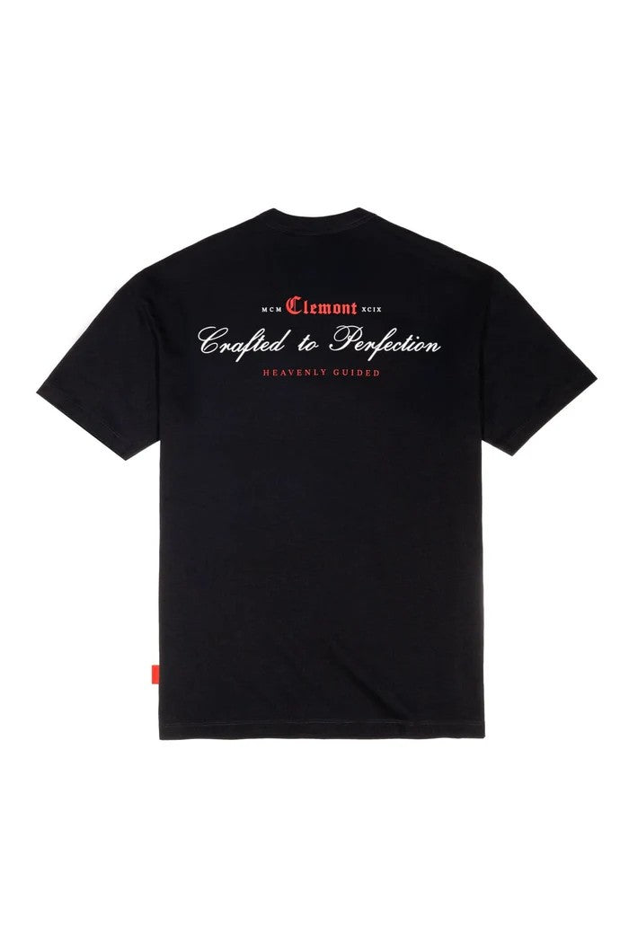 Vallmountbotique black cotton t-shirt with 'Clemont' and 'Crafted to Perfection' graphic on back.