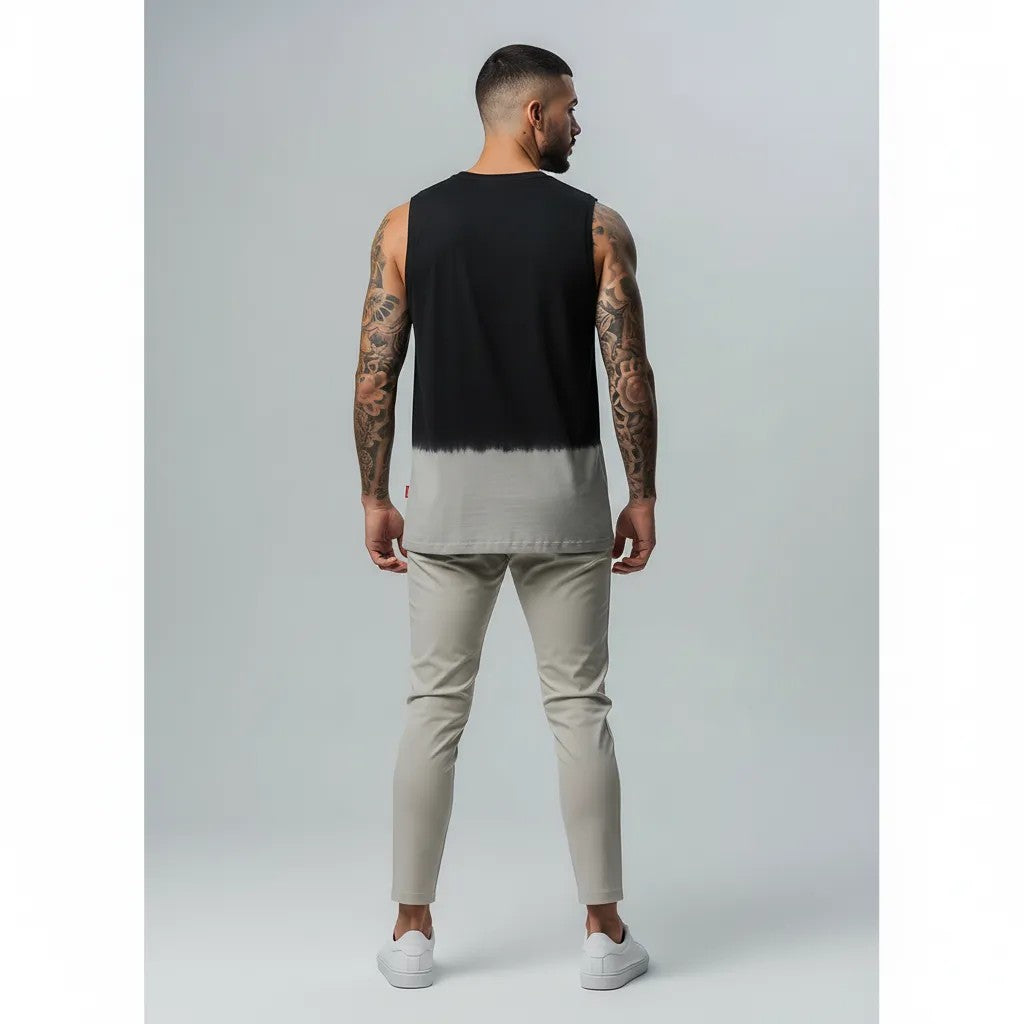 vallmountbotique sleeveless black and grey dip-dye tank top made from a cotton blend.