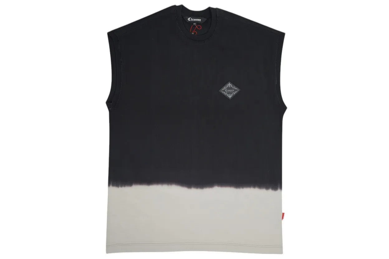 Vallmountbotique sleeveless black and grey dip-dye cotton blend tank top with a relaxed fit and graphic detail.