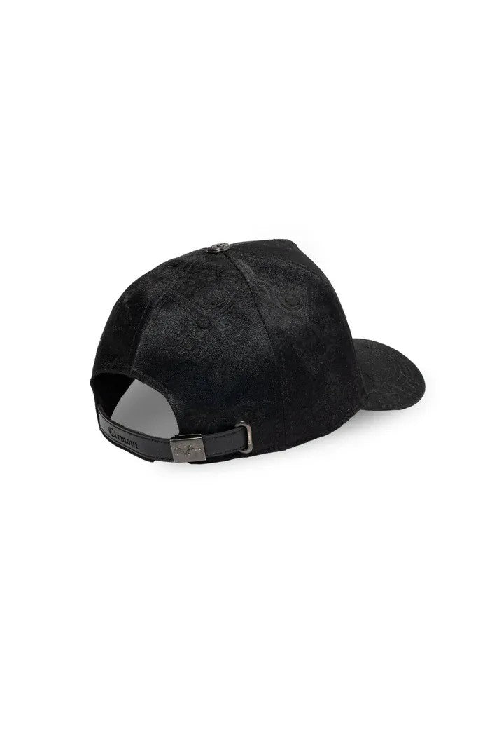 vallmountbotique black jacquard baseball cap with embroidered 'C' logo and leather strap detail.
