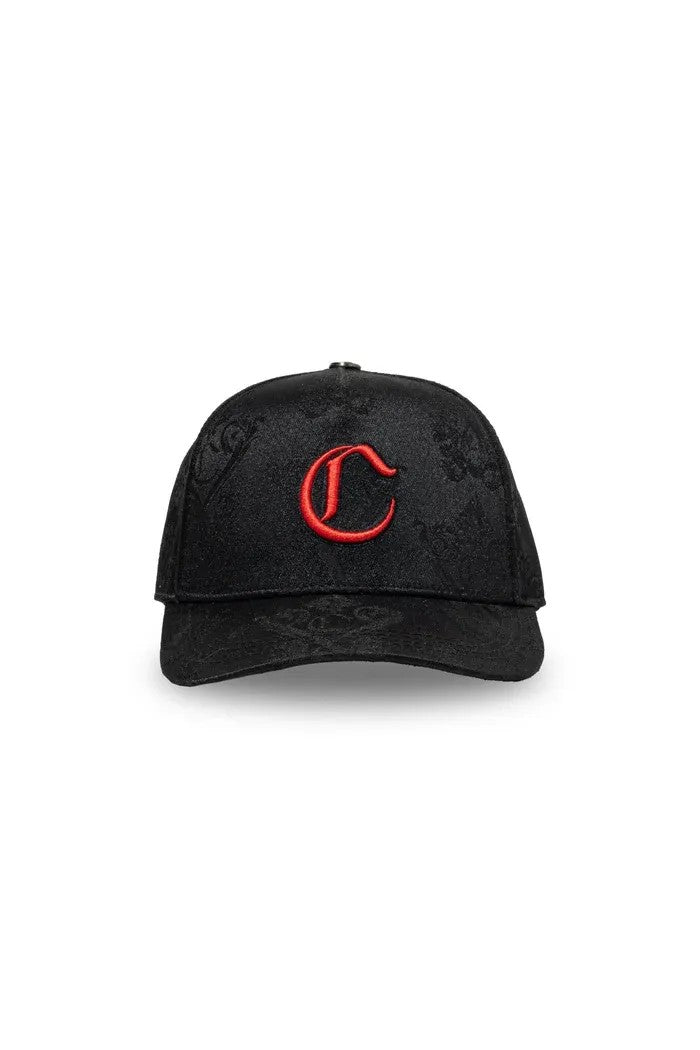 Vallmountbotique black jacquard baseball cap with red embroidered 'C' logo and adjustable leather strap.