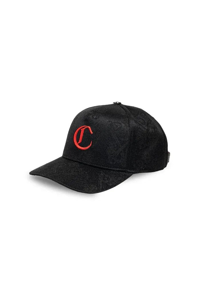vallmountbotique black jacquard baseball cap with red embroidered 'C' logo and adjustable leather strap.