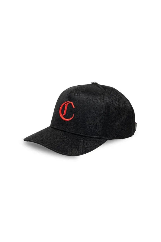 vallmountbotique black jacquard baseball cap with red embroidered 'C' logo and adjustable leather strap.