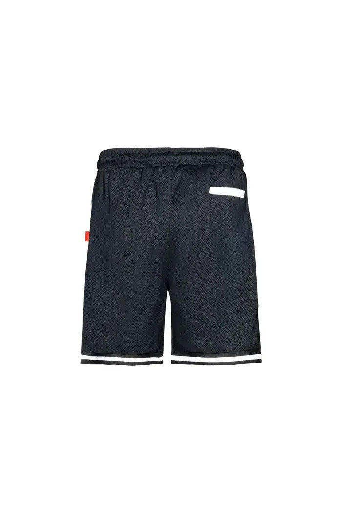 Vallmountbotique black mesh athletic shorts with white stripe hem and drawstring waist.